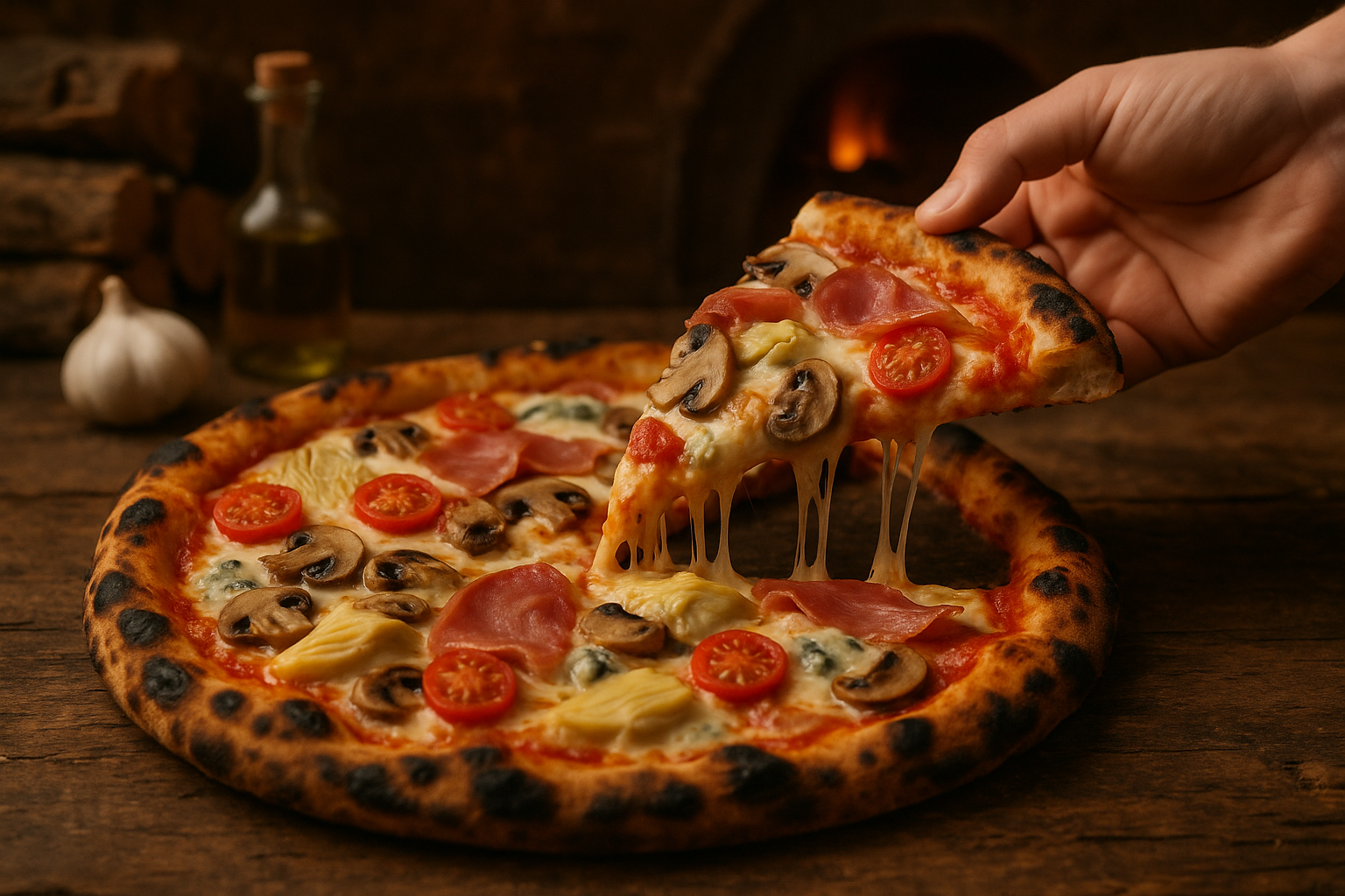 Hand nimmt von einer frischen Holzofen-Pizza ein Stück heraus