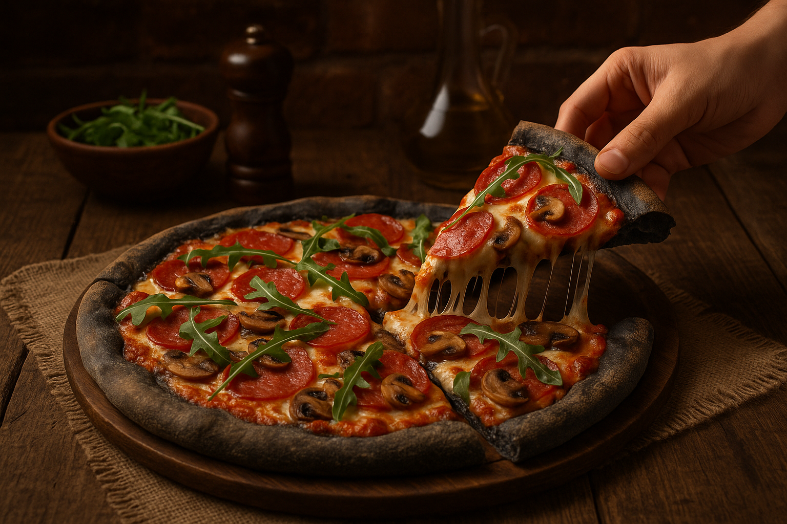 Eine typische Holzofen-Pizza-mit-Kaese mit Käse frisch aus dem Ofen, bereits geschnitten