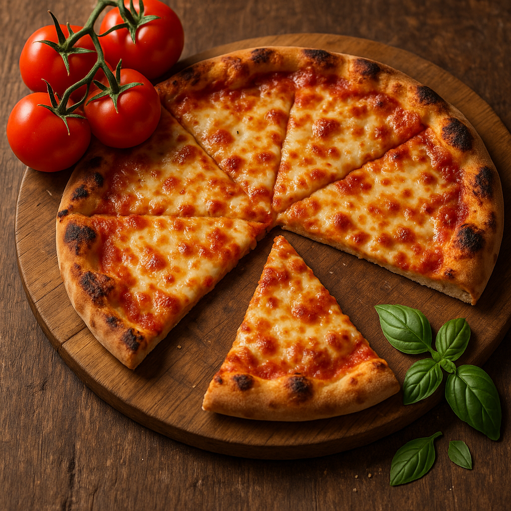 Eine typische Holzofen-Pizza-mit-Kaese mit Käse frisch aus dem Ofen, bereits geschnitten